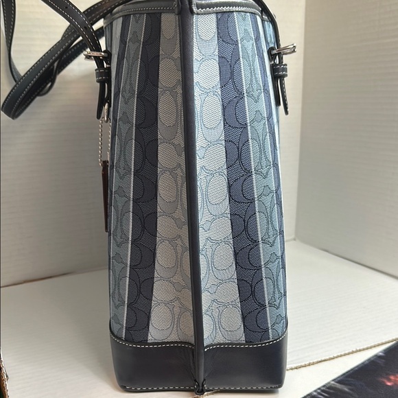 Coach Large Blue Striped Millie Tote Bag - Picture 4 of 9